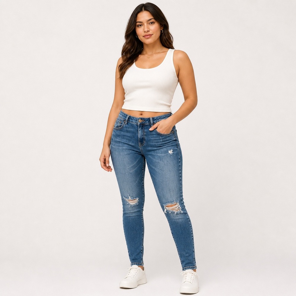 Mango Distressed‎ Skinny Jeans Womens 10 Blue Denim Ripped Stretch 32x27.5